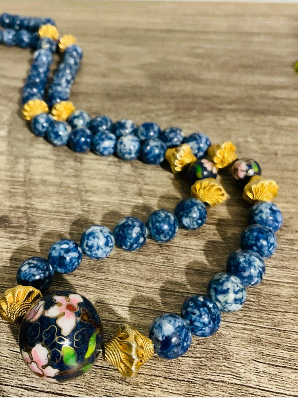 Vintage Boho Chinese Export Cloisonné & Denim Blue Gemstone Necklace
